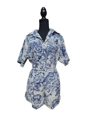 Blue Toile Print Short Sleeve Short Sets Or Co Ords